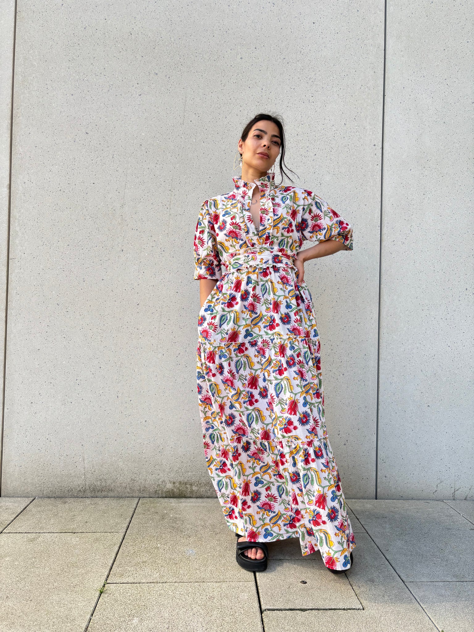 Annick Cotton Dress - Blockprint in White with flowers