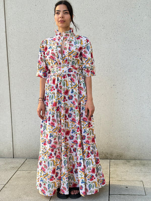 Annick Cotton Dress - Blockprint in White with flowers