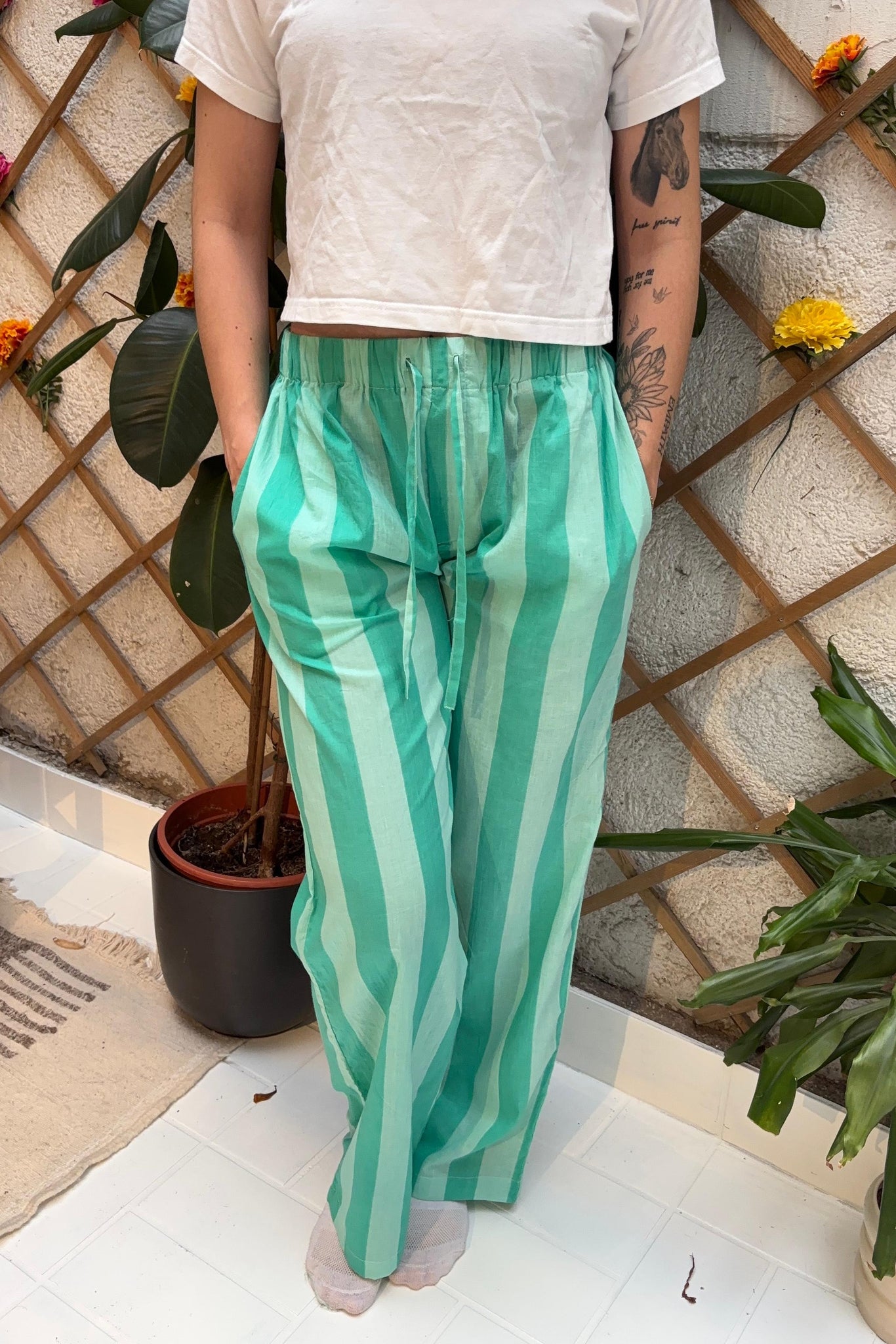 Turquoise Cotton Stripe Pants