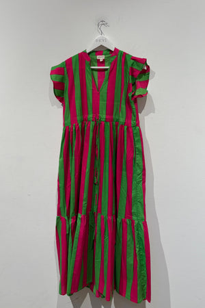 Palma Cotton Dress - Pink/Green Stripes - S/M