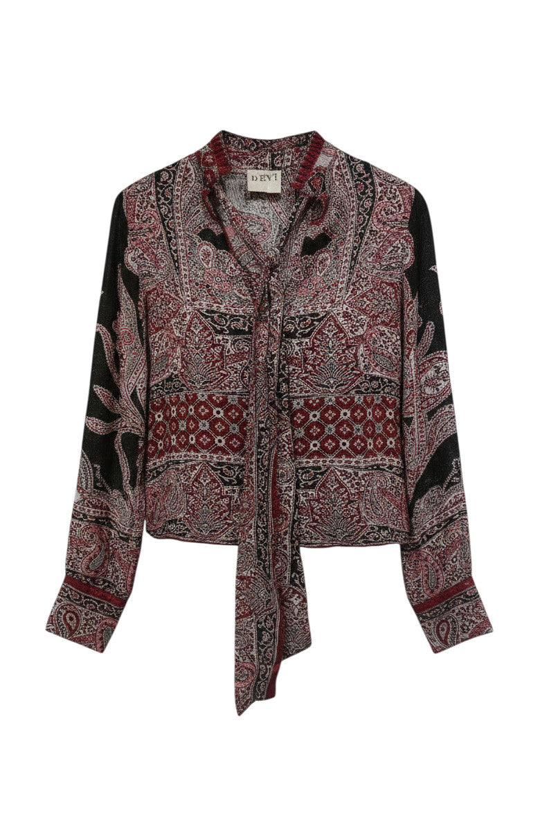 Blouse Catherine réversible Devï Studios SARL en pashmina (laine et soie) bordeaux et noire avec un motif cachemire complexe. Manches longues, col montant et nœud lavallière.