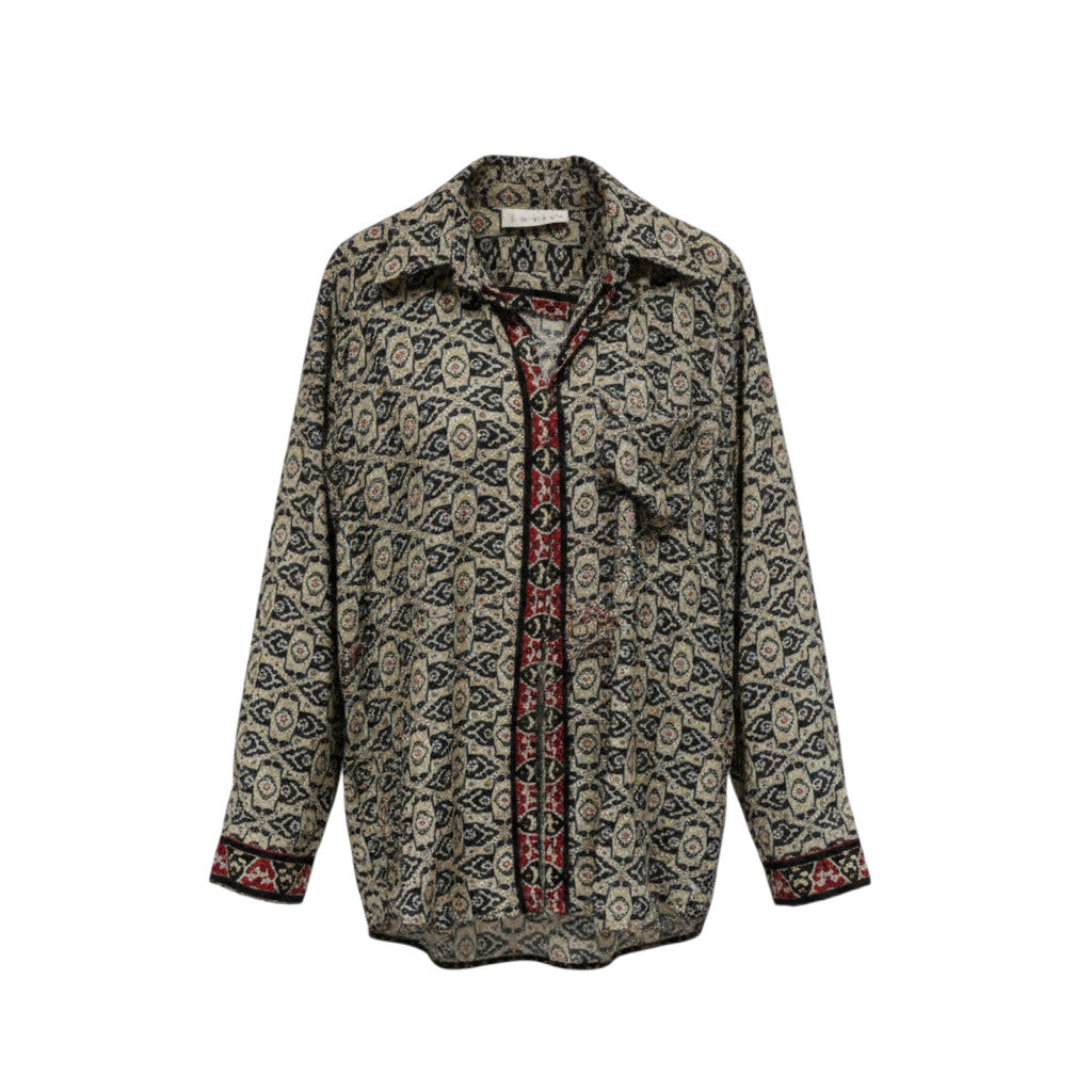 Chemise JM Devï Studios SARL à motif abstrait beige et noir, 70% soie, 30% viscose. Manches longues, col chemise.
