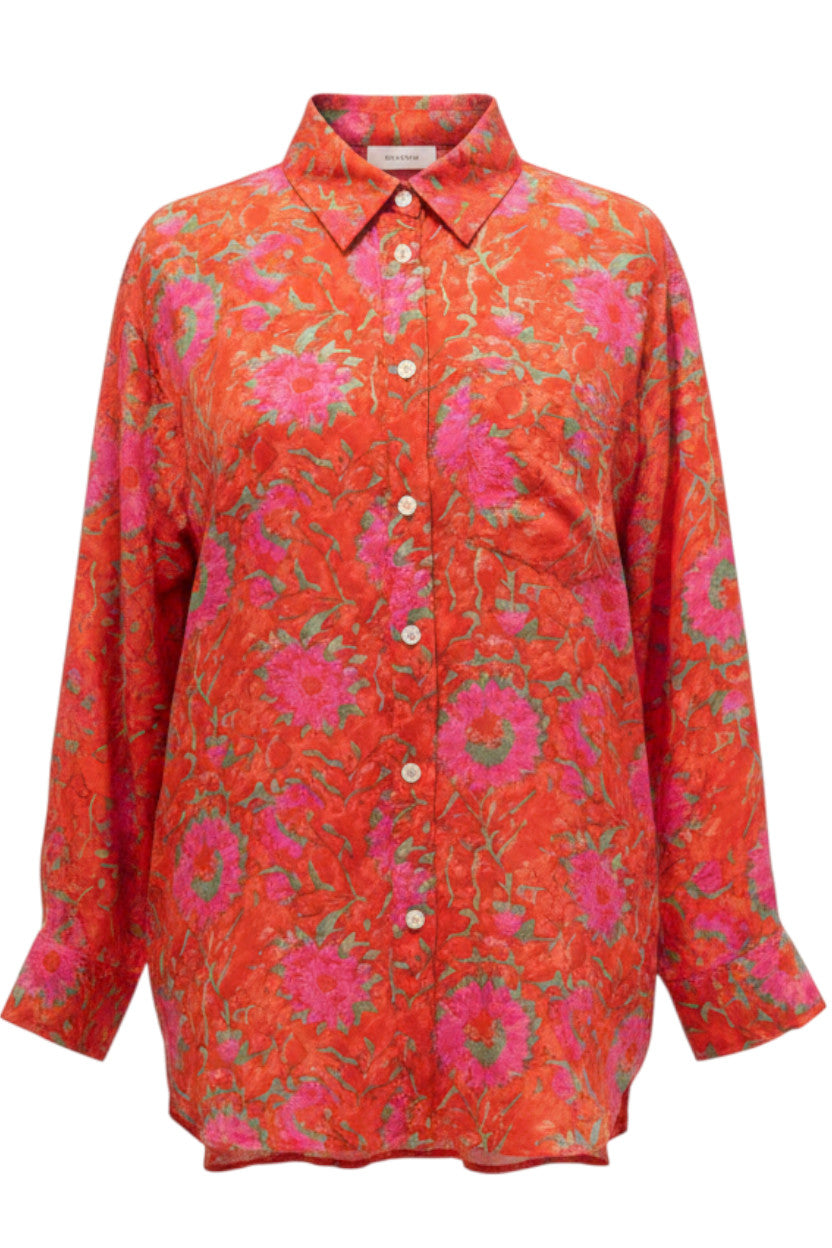 Chemise oversize Leftover Ultraschall JM de Devï Studios SARL en soie et viscose orange et rose à motif floral