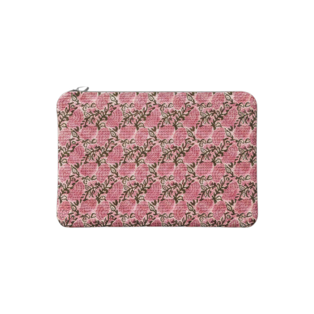 Étui pour ordinateur portable en coton rose et vert Devï Studios SARL, imprimé à la main avec un motif floral abstrait, 27x33 cm