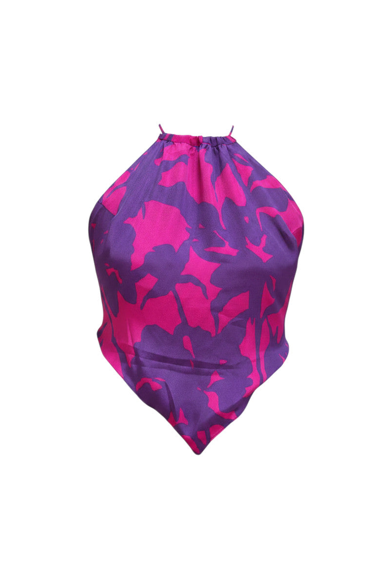 Haut bandeau Devï Studios SARL violet et rose vif en soie et viscose, motif abstrait, taille unique.