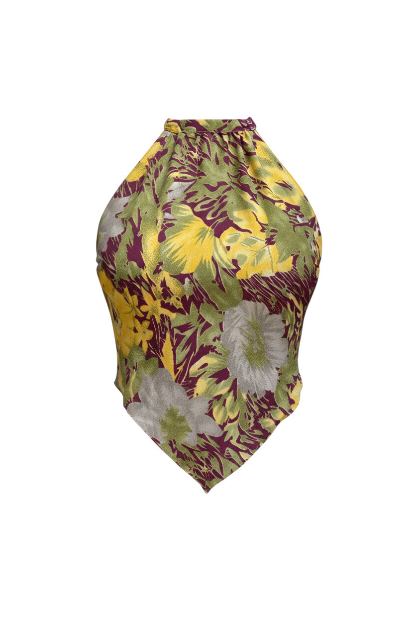 Haut foulard Devï Studios SARL en tissu sari upcyclé, imprimé floral jaune, vert et bordeaux, avec un décolleté plongeant.