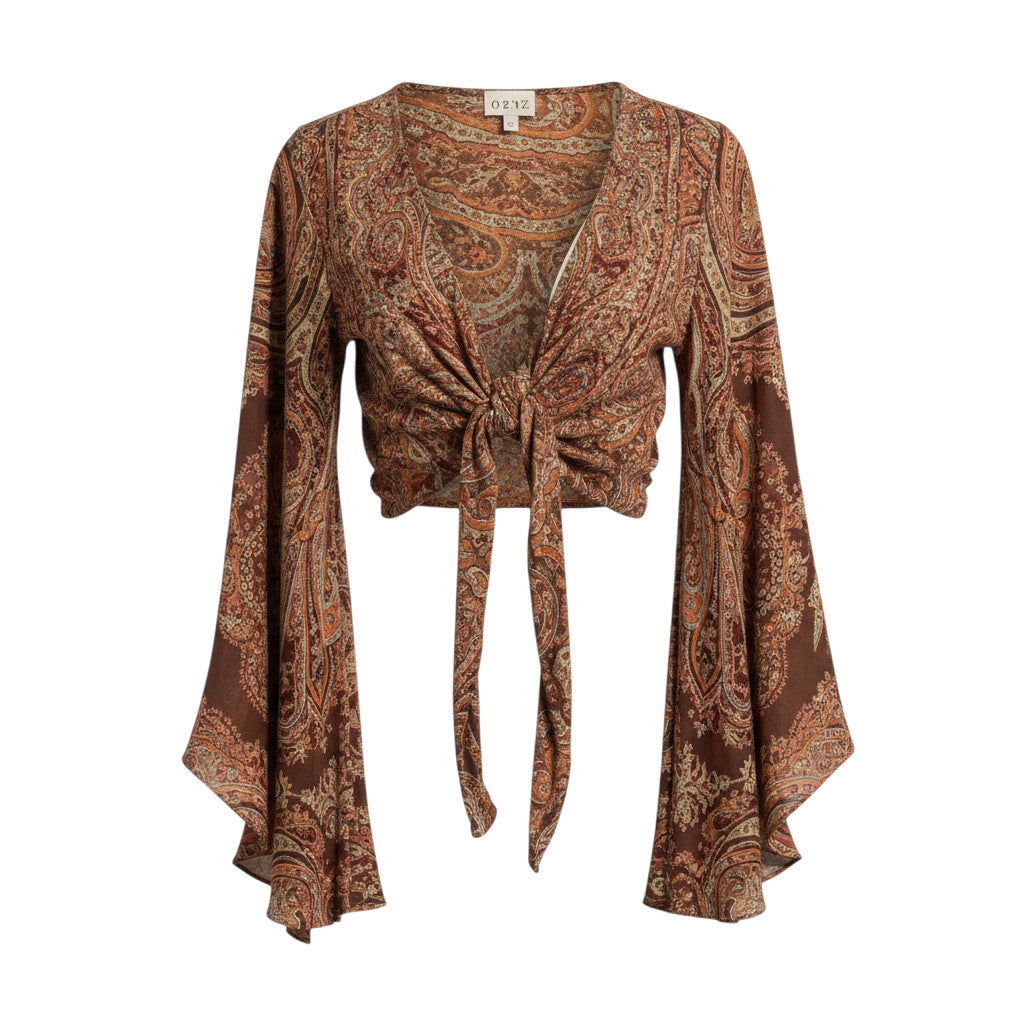 Devï Studios SARL haut cache-cœur papillon en pashmina marron et orange avec un imprimé cachemire, taille unique.