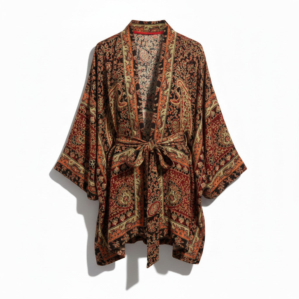 Kimono Devï Studios SARL en pashmina upcyclée, motif cachemire rouge et orange, ceinture nouée, manches larges.