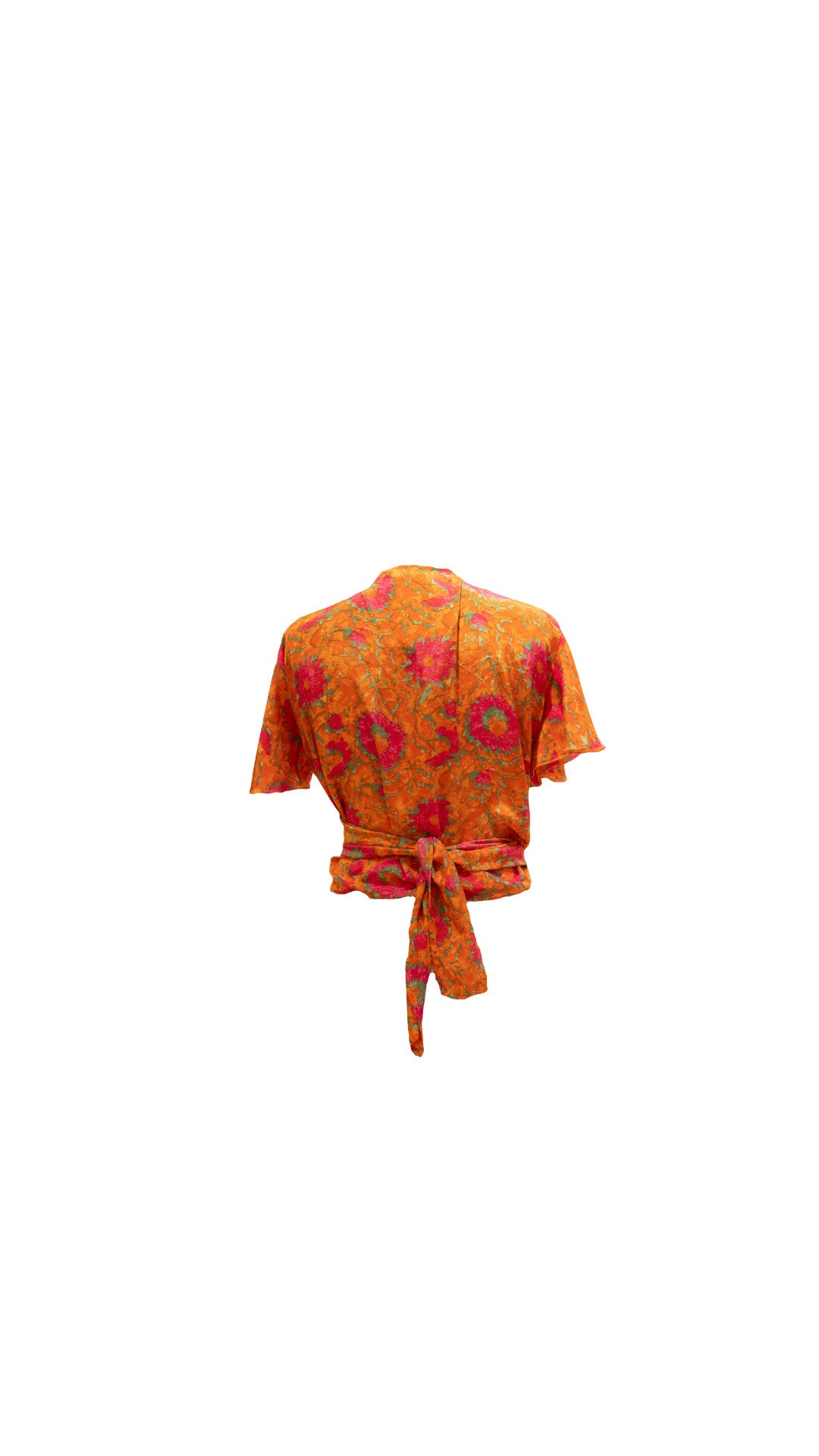 Devï Studios SARL Pamela Wraptop orange floral silk blend short sleeve tie waist top