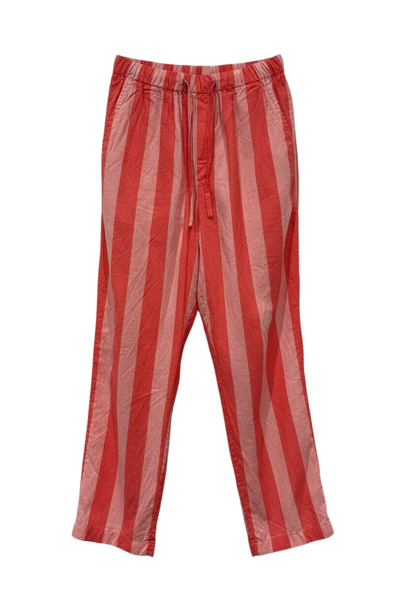 Devï Studios SARL Pantalon large en coton rayé rose et corail, taille élastique, poches latérales, imprimé à la main.