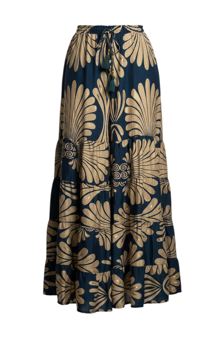 Devï Studios SARL pantalon large bleu marine avec imprimé doré, taille haute, ceinture à cordon, volants et motif floral