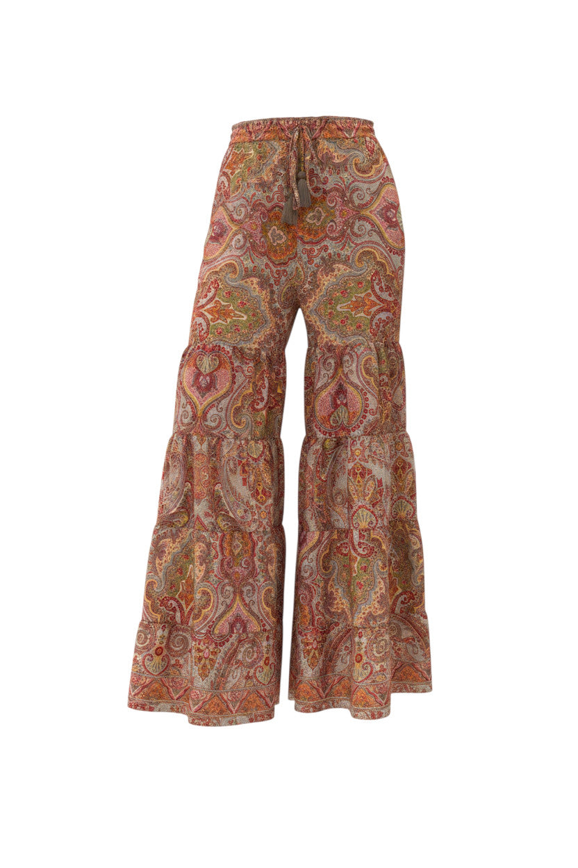 Devï Studios SARL pantalon large à volants en soie et viscose imprimé cachemire multicolore