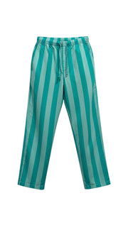 Devï Studios SARL Pantalon large en coton à rayures verticales turquoise et vert d'eau, taille élastique, poches latérales.