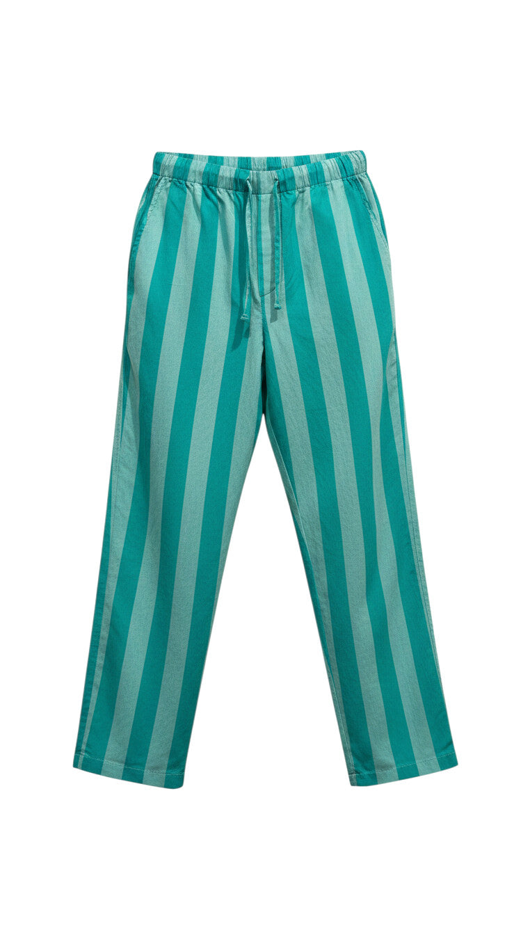Devï Studios SARL Pantalon large en coton à rayures verticales turquoise et vert d'eau, taille élastique, poches latérales.