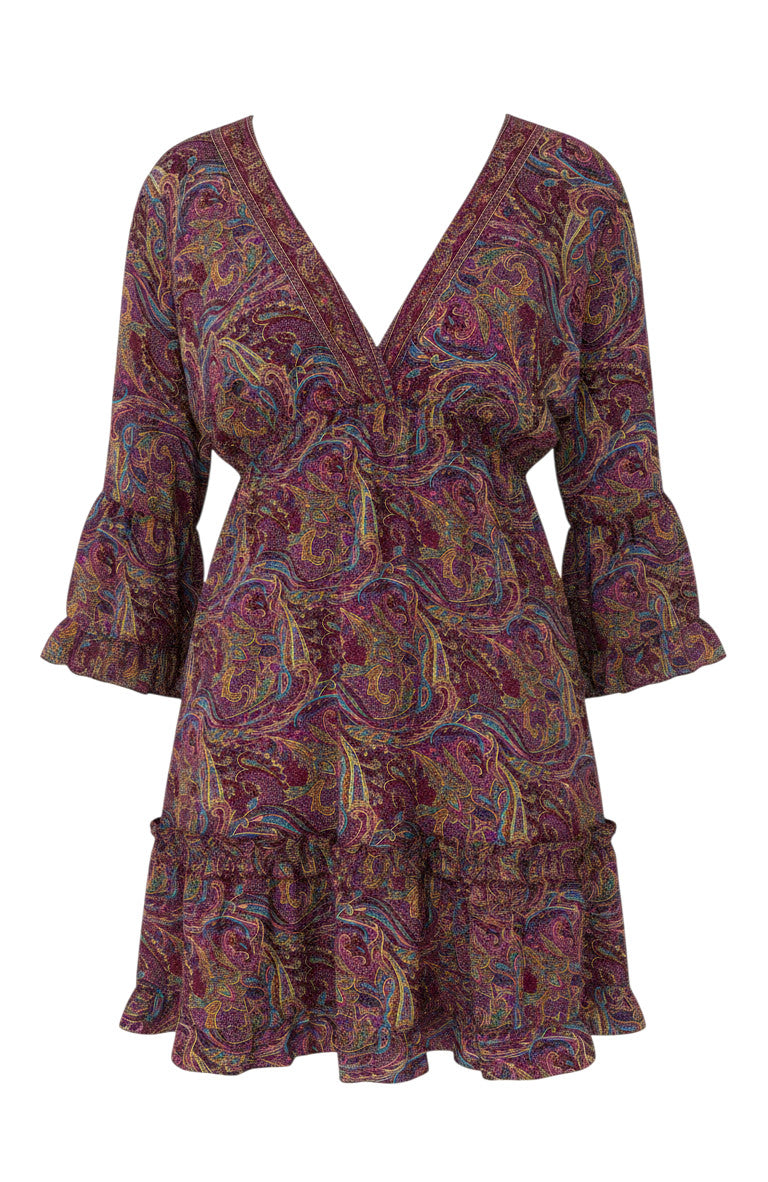 Robe courte Devï Studios SARL à imprimé cachemire multicolore, manches longues, décolleté en V, volants et ceinture élastiquée.