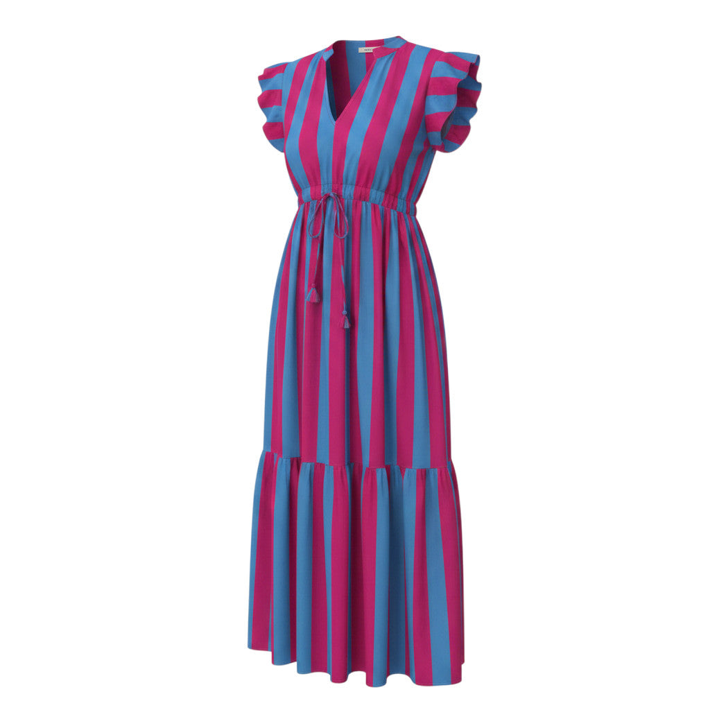 Devï Studios SARL, robe d'été longue en coton imprimé à rayures bleues et roses, taille ajustable, manches courtes volantées.