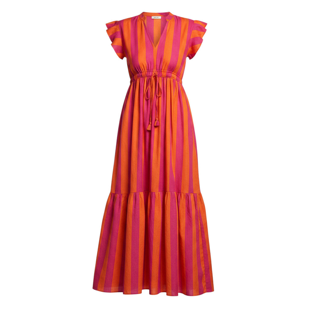 Devï Studios SARL, robe d'été longue en coton imprimé à rayures bleues et roses, taille ajustable, manches courtes volantées.