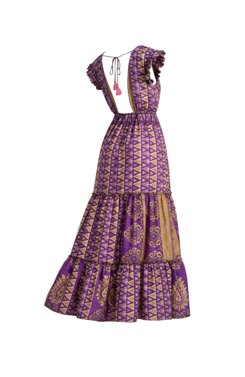 Robe longue Devï Studios SARL violette et dorée, en soie et viscose, avec un dos nu, des bretelles à nouer et un imprimé géométrique.