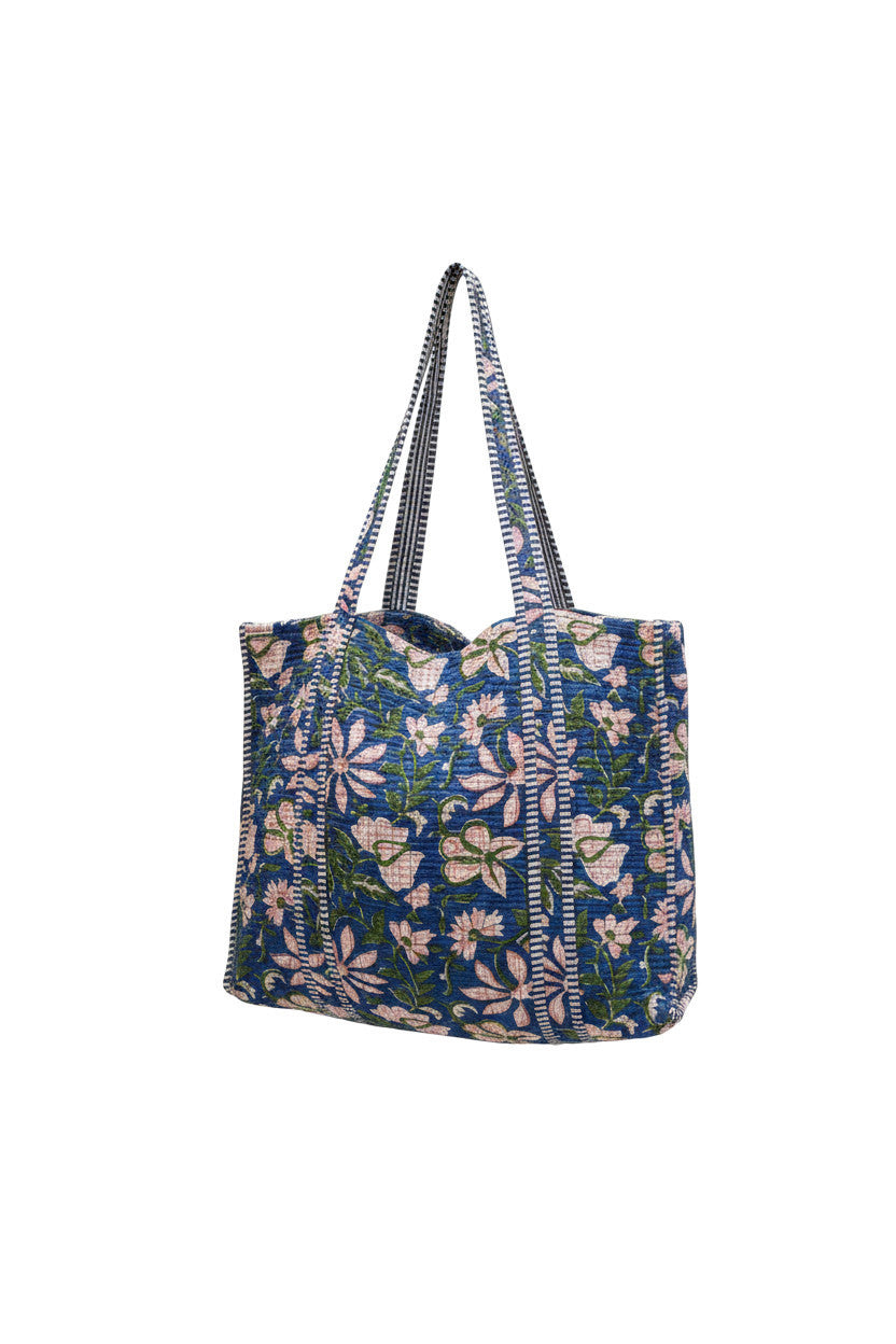Devï Studios SARL Sac cabas réversible en coton bleu imprimé floral, idéal pour le quotidien, 46x46 cm.