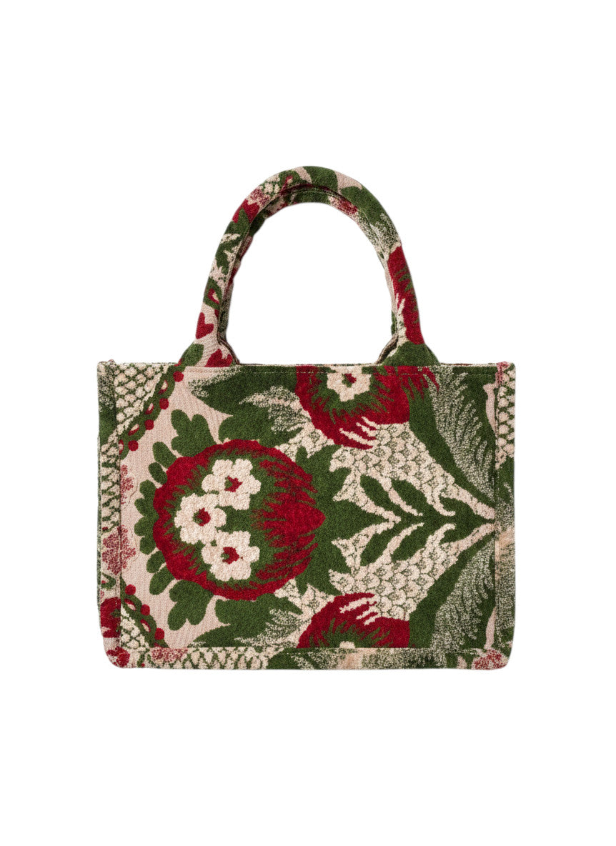 Sac fourre-tout Devï Studios SARL en velours upcyclé avec un motif floral rouge et vert, fait main, unique.