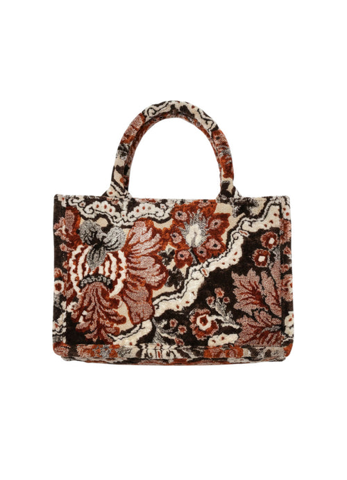 Sac à main Devï Studios SARL en velours upcyclé, motif floral abstrait marron, crème et noir, anses courtes.