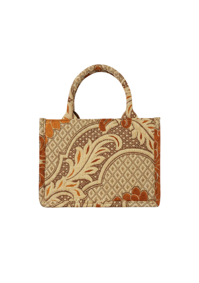 Sac à main Devï Studios SARL en velours upcyclé, motif floral abstrait marron et orange, anses rigides.