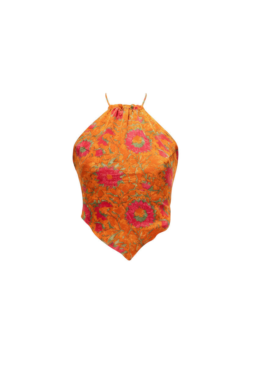 Top bandeau orange à imprimé floral rose et vert, 70% soie, 30% viscose, par Devï Studios SARL