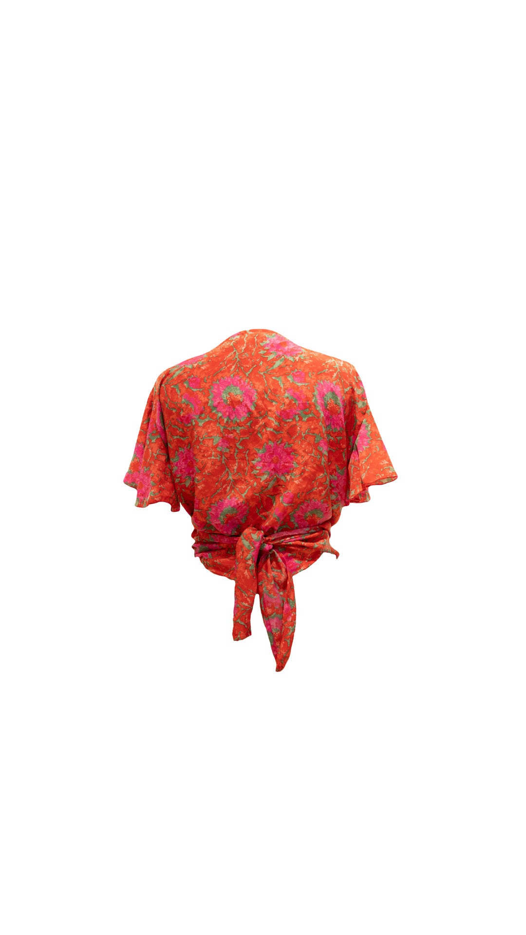 Devï Studios SARL - Top cache-cœur Pamela rouge et rose à imprimé floral, manches courtes, en soie et viscose.