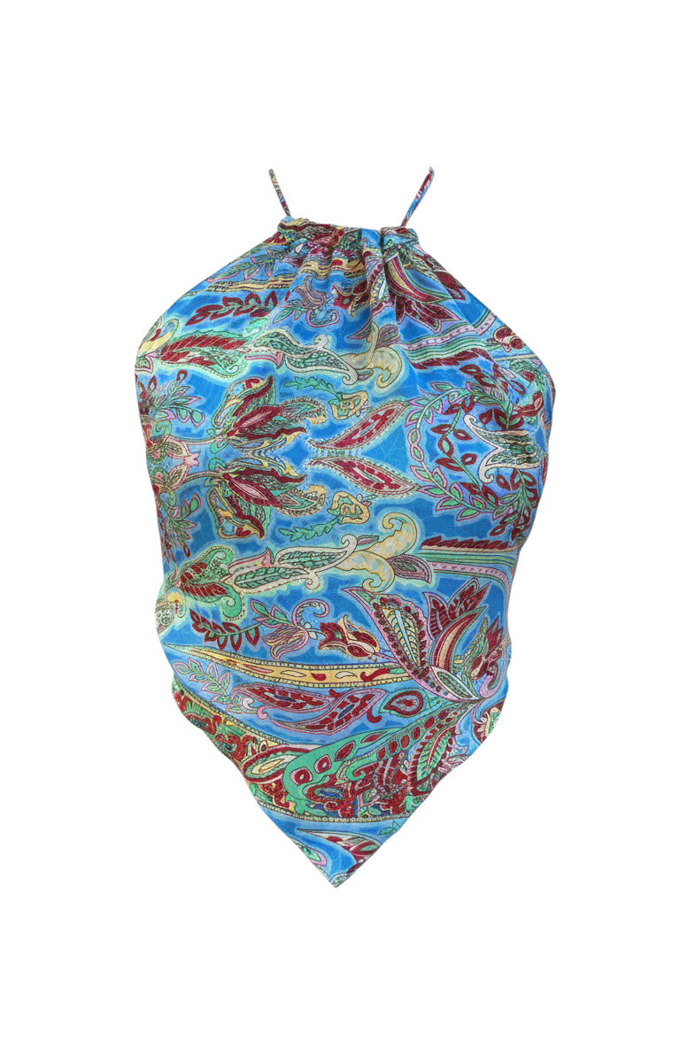 Top Leftover Freya bleu imprimé cachemire Devï Studios SARL en soie et viscose, col licou, taille unique.