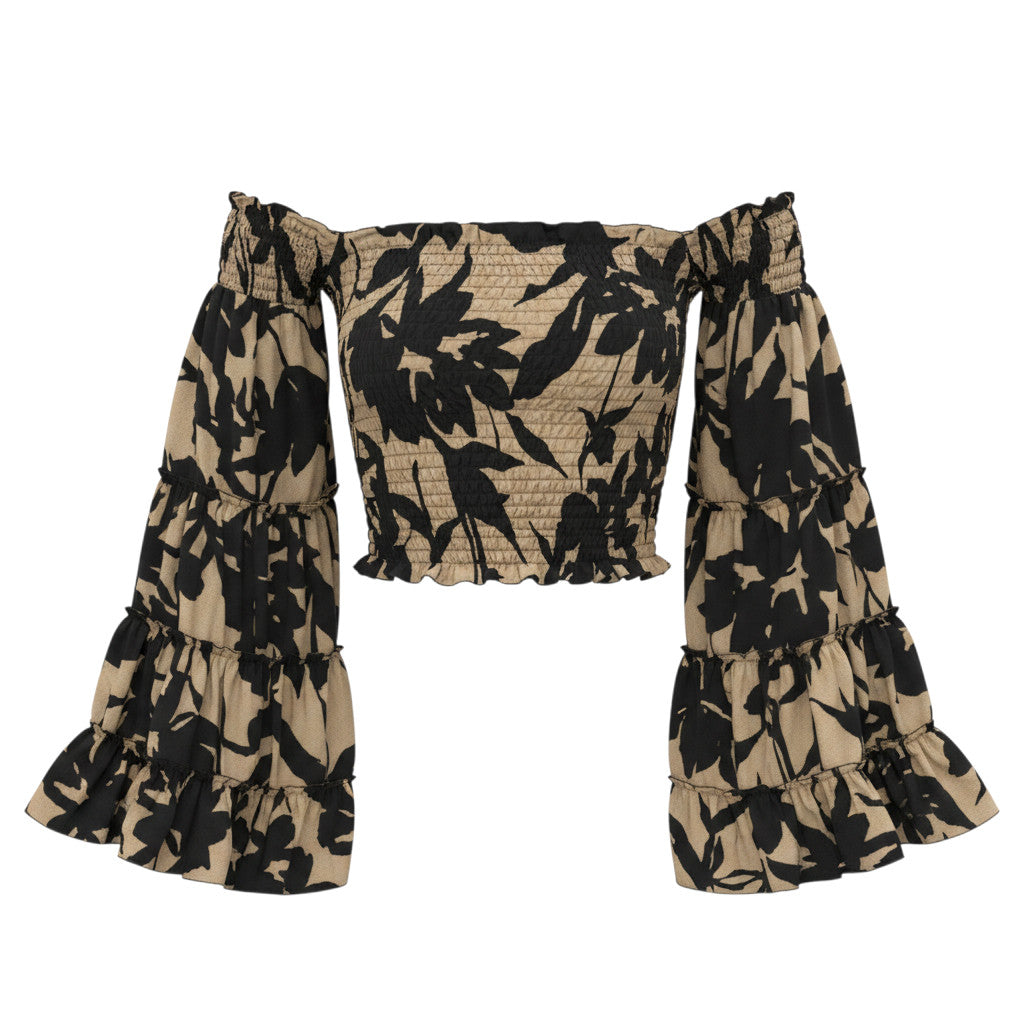 Devï Studios SARL top bustier à manches cloche larges imprimé floral noir et beige, 70% soie, 30% viscose.