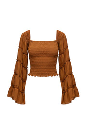Top ajusté en soie et viscose marron avec manches larges à volants, Devï Studios SARL