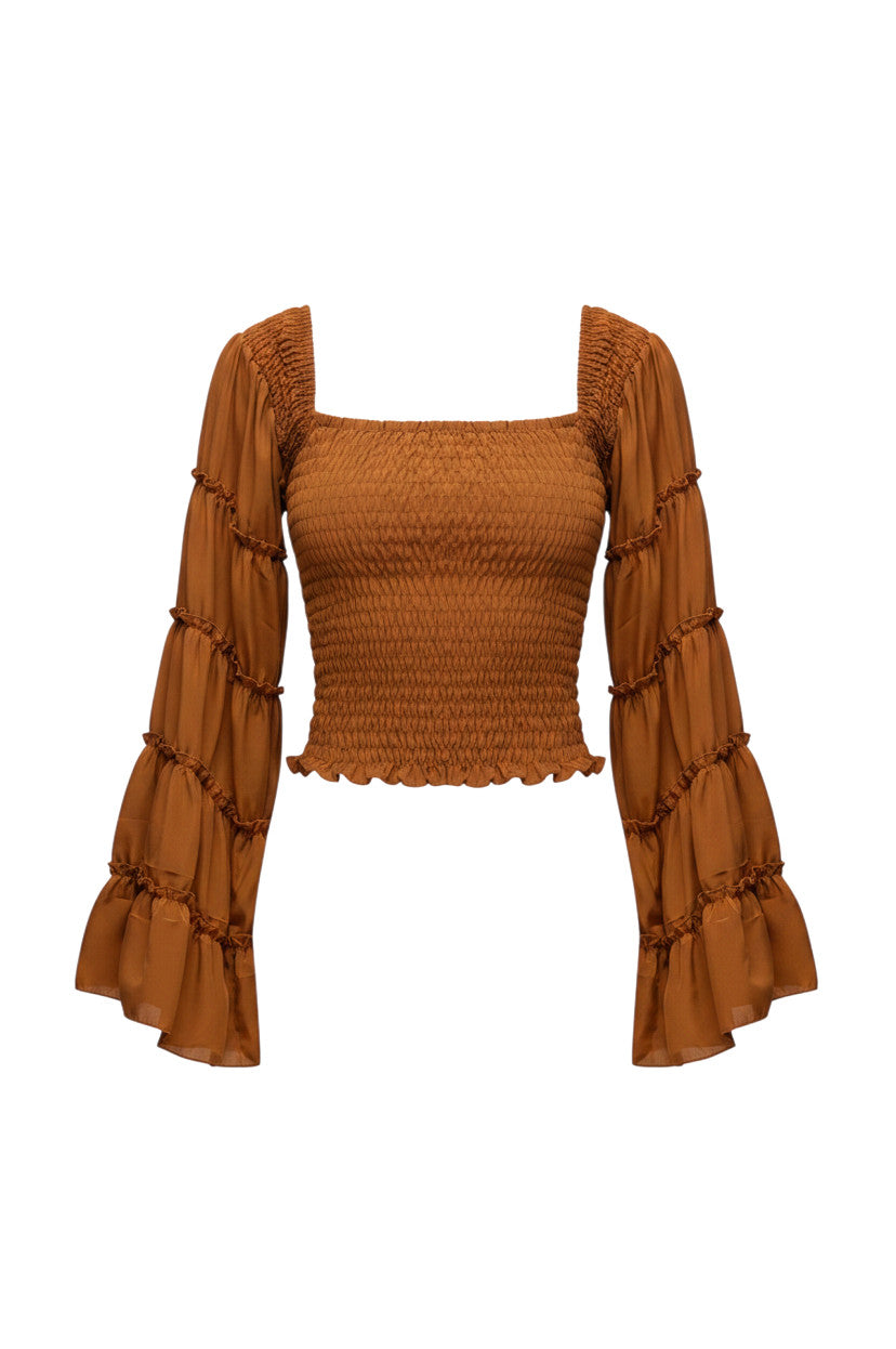Top ajusté en soie et viscose marron avec manches larges à volants, Devï Studios SARL