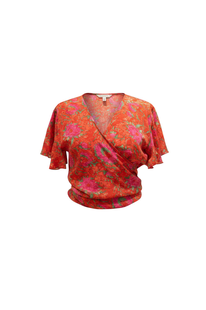 Devï Studios SARL top portefeuille Pamela imprimé floral rouge et rose, manches courtes, 70% soie, 30% viscose.