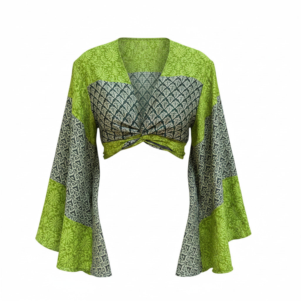 Devï Studios SARL top portefeuille papillon vert et gris en soie et viscose, imprimé unique, manches évasées.