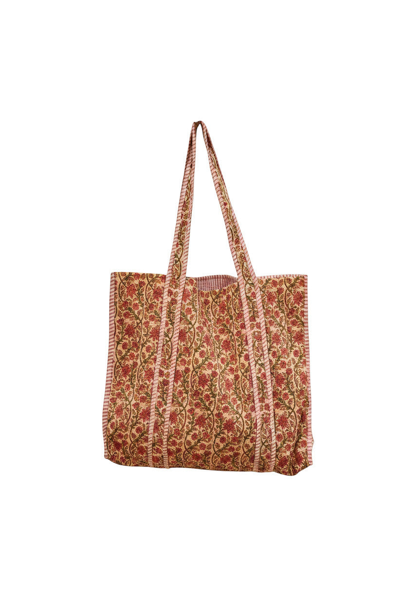 Devï Studios SARL tote bag en coton réversible avec imprimé floral rouge et rose, 46x46 cm