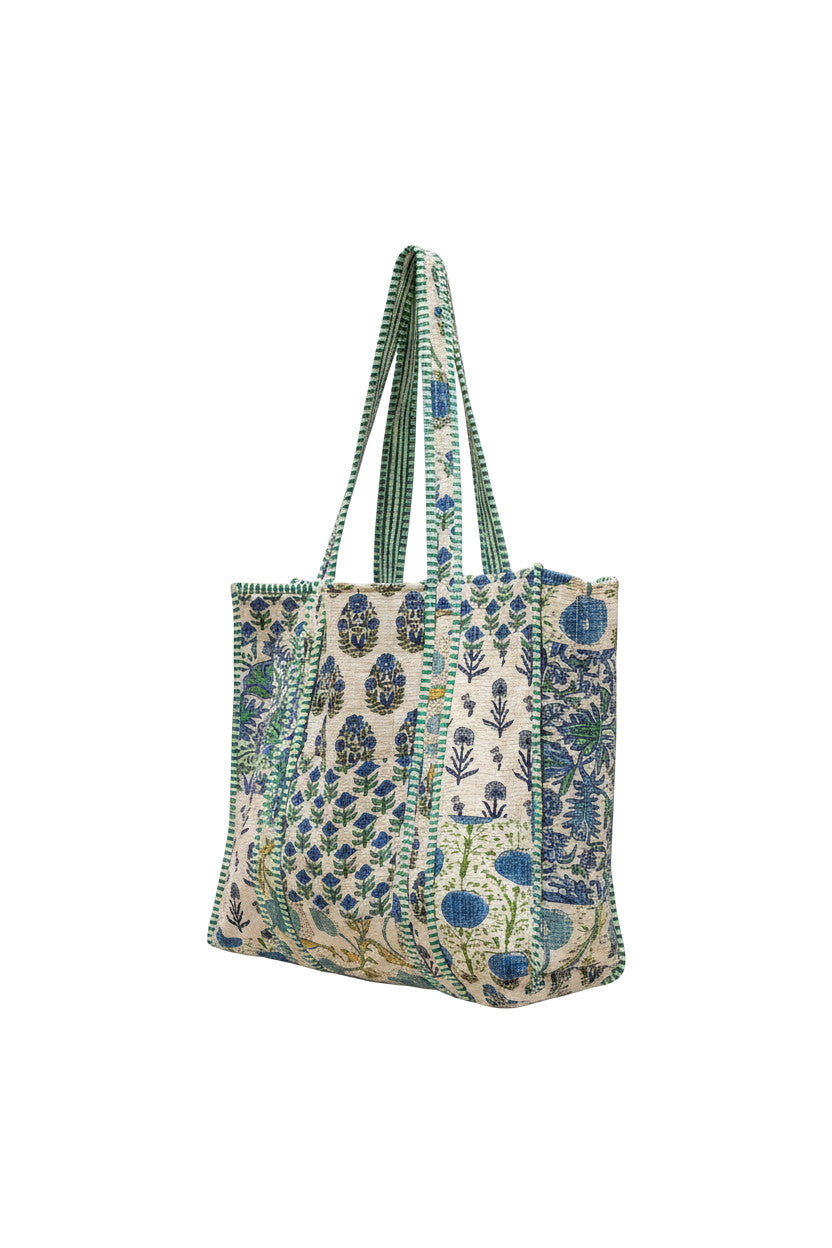 Devï Studios SARL tote bag en coton réversible avec imprimé floral bleu et vert, 46x46 cm