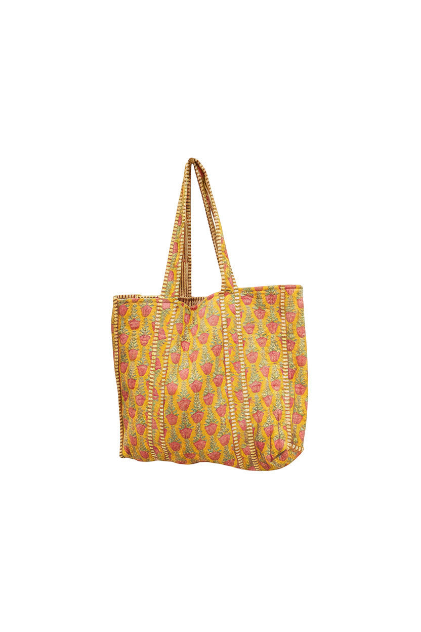 Devï Studios SARL tote bag en coton réversible jaune imprimé floral, 46x46 cm