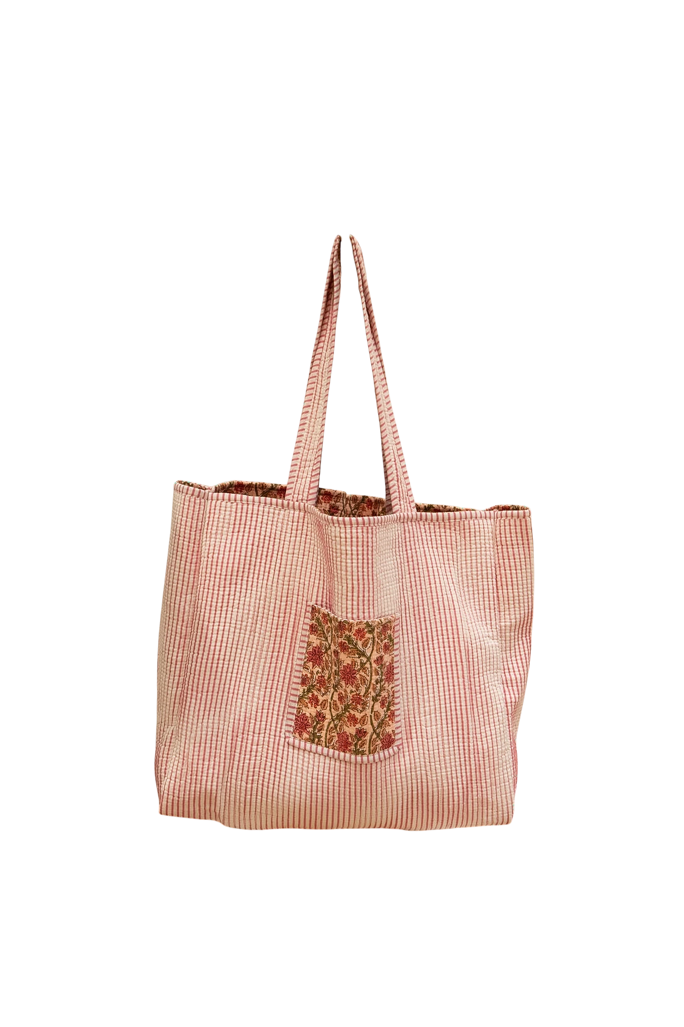Tote bag réversible en coton Devï Studios SARL, rayures rouges et blanches, poche imprimé floral, idéal pour courses ou plage.